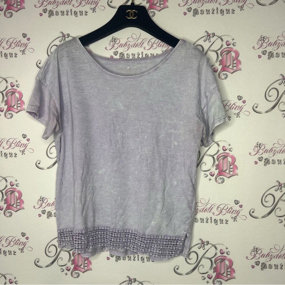 American eagle t-shirt, distressed, lilac with crochet, bottom, trim, pastel